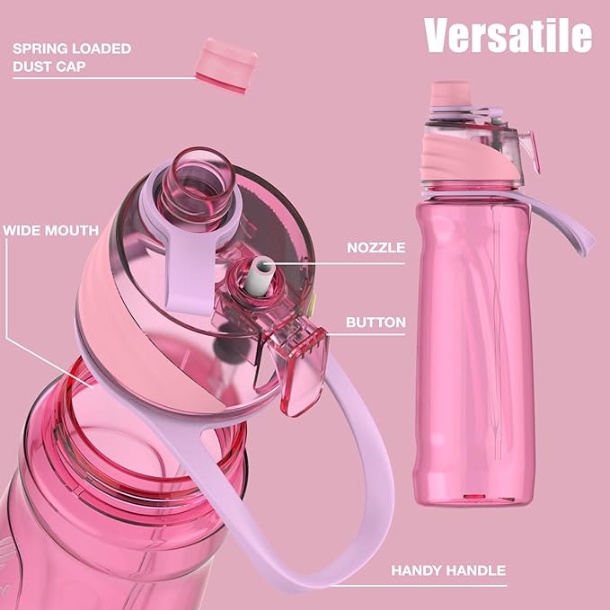 FEIJIAN Mist Water Bottle,22oz Sports Water Bottle with 2-IN-1 Mist & Sip Function, BPA-Free Plastic Water Bottles, Misting Water Bottle, Leakproof & Lightweight, Ideal for Fitness and Outdoor, Pink