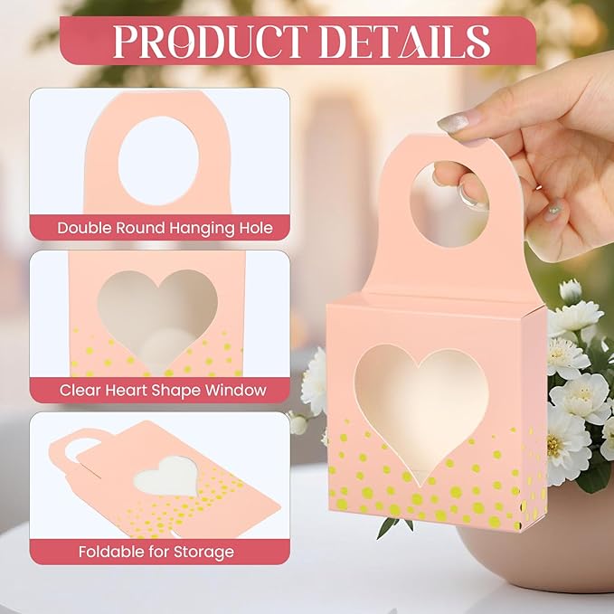 Megitzuu 50 Pieces Wine Bottle Box with Window, Pink Wine Boxes for Gifts Hanging Foldable Wine Gift Boxes Kraft Paper Wine Bottle Hanger Favor Box for Holding Candy Truffles Chocolate Cookies