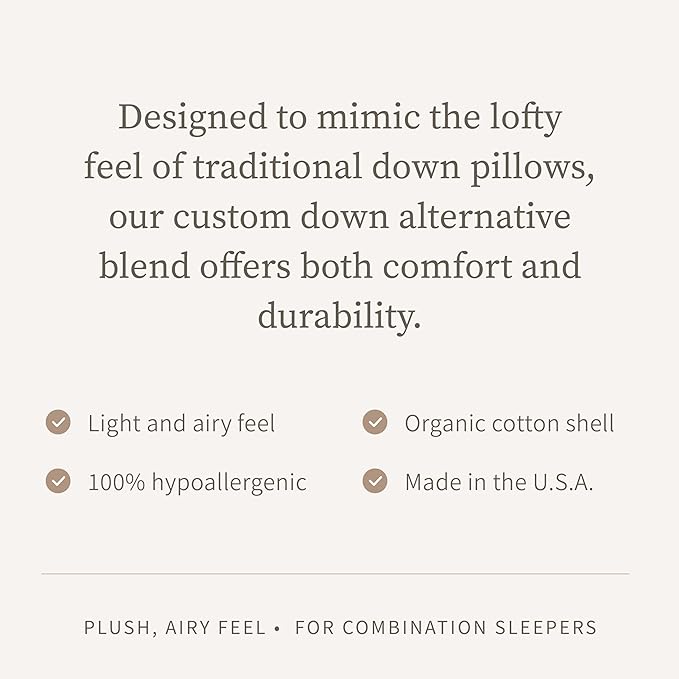 Saatva Down Alternative Pillow - Hypoallergenic Pillow with Plush & Airy Feel - Breathable Organic Cotton Cover - Lofty Microdenier Down Alternative - Queen (28"x16"), 1 Pack