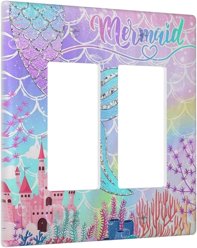 Silvery Glitter Cute Mermaid Tail Fantasy Castle 2 Gang Rocker Decora Light Switch Covers Dual Outlet Covers Wall Plate Decorative Switchplate Electrical Faceplate GFCI for Kidroom Nursery Bedroom