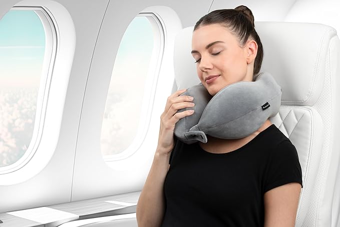 Brookstone Contoured Memory Foam Head and Neck Travel Pillow Ergonomic and Lightweight, Dark Grey