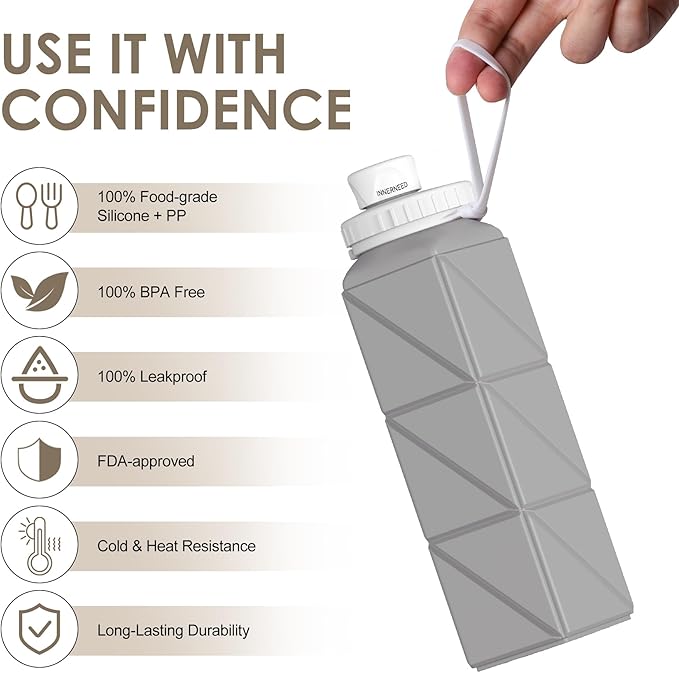 INNERNEED Collapsible Water Bottle, Reuseable BPA Free Silicone Foldable Water Bottles for Travel Gym Camping Hiking, 20.6 fl.oz, Portable, Food-Grade, Leak Proof (1 Pack, Gray)