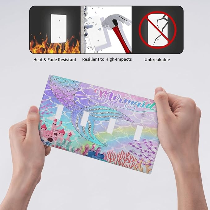 Silvery Glitter Cute Mermaid Tail Fantasy Castle Quad Toggle Light Switch Covers 4 Gang Wall Plate Decorative Switchplate Electrical Faceplate for Kidroom Nursery Bedroom Kitchen Decor