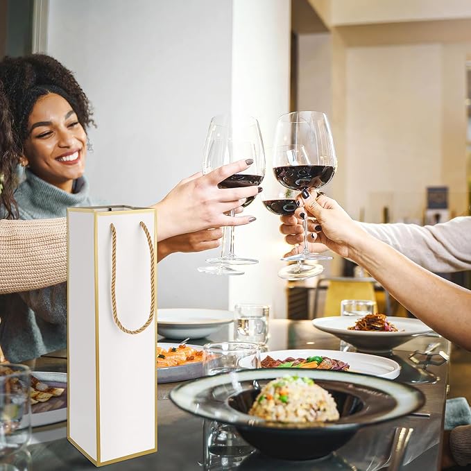 Wine Gift Bags 2 PCS Luxury Wine Bottle Gift Bags, 4"X4"X13.8" Reusable Liquor Bags with Gold Foil Print, Gold Foil White Wine Bags for Party Wedding Party Anniversary Champagne Wine Bags with Handles