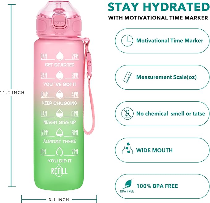 Enerbone 32 oz Drinking Water Bottle with Times to Drink and Straw, Motivational with Carrying Strap, Leakproof BPA & Toxic Free, Ensure You Drink Enough Water for Fitness Gym Outdoor