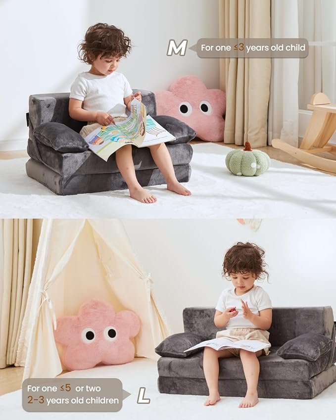 Weighted Idea 2-in-1 Kids Sofa Couch Fold Out for Girls and Boys, Folding Toddler Chairs Comfy Children Couch Baby Recliner, Convertible Sofa to Lounger for Reading Sleeping (Grey, 23.5x18x16 inches)