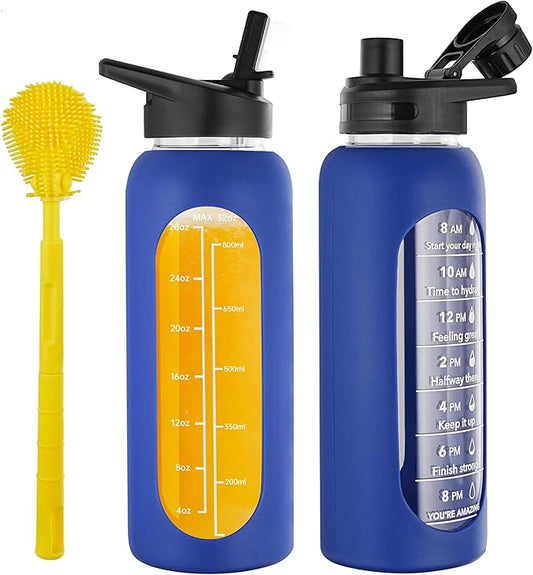 SIEROZUR 32 oz Glass Water Bottle with Straw and Handle Large Sports Motivational Water Bottle with Time Marker and 2 Lids, Leakproof Reusable Water Jug with Silicone Sleeve for Gym