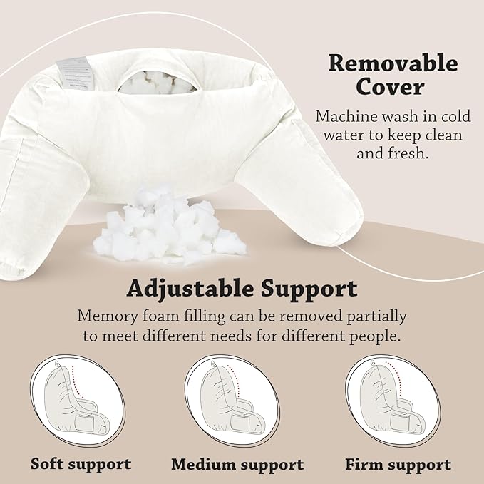 LOVTEX Reading Pillow with Removable Cover, Back Pillow for Sitting Up in Bed with Arms and Pockets, Bed Rest Pillow Adult, 20 x 15 Inches(White)