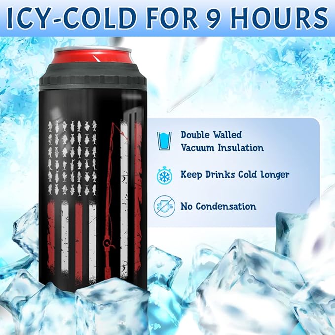winorax Fishing Gifts For Men Reel Cool Dad Tumbler Can Cooler 4-in-1 America Flag Stainless Steel 16oz Travel Cup Father's Day Birthday Gifts for Dad Fisherman Husband from Son Daughter Wife