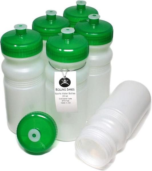 Rolling Sands 20 Ounce Sports Water Bottles 6 Pack, BPA-Free, Made In USA, Dishwasher Safe, Clear Frost Bottles/Green Lids
