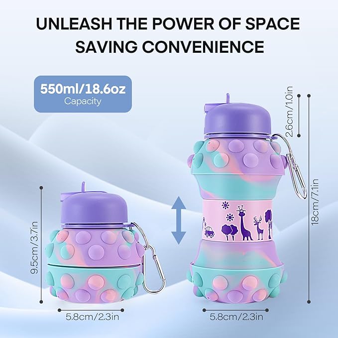 Kids Sports Collapsible Water Bottle | Ball Shaped Drinking Cup | Foldable BPA Free Leakproof Lightweight Silicon Jug | School Lunch Mug Team Gift Travel (Bubble Animal 550ml/18.6oz)