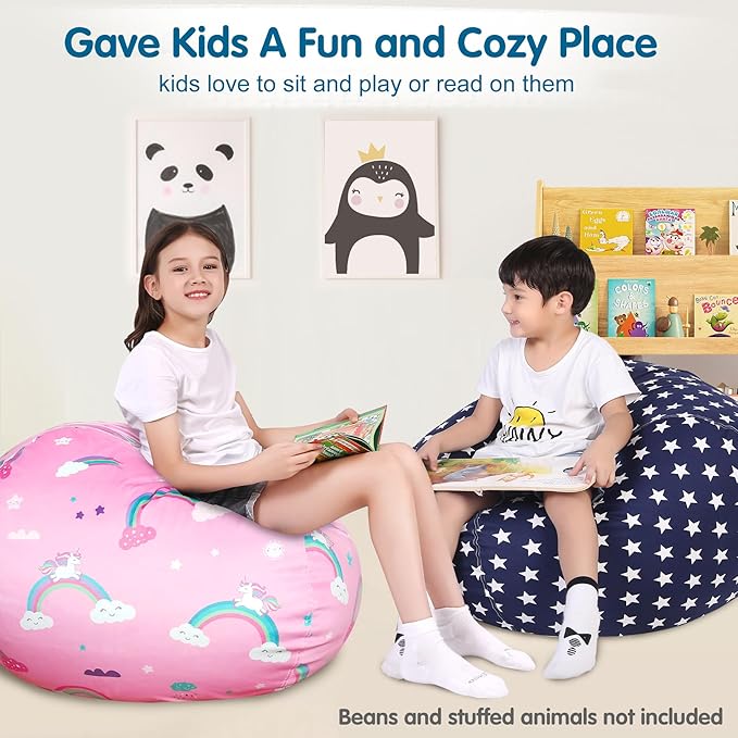 Lukeight Stuffed Animal Storage Bean Bag Chair Cover for Kids, Zipper Beanbag Chair Cover for Organizing Toddler and Kids' Rooms Plush Toys (Stars Navy, Large)