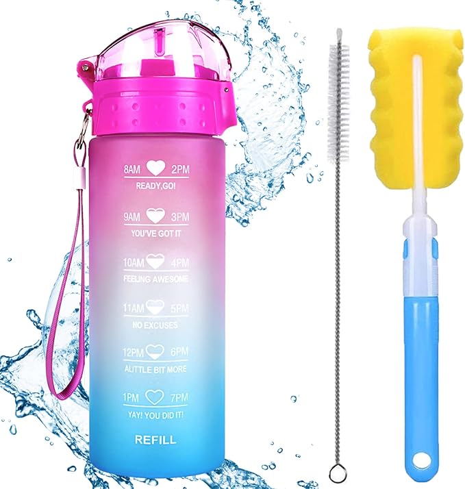 XACIOA Water Bottle with Straw,18oz Plastic Cup with Motivational Time Marker,1L Tritan Sport Lightweight Leakproof BPA-Free,Wide Mouth Fast Flow Ensure You Have Times to Drink,with Straw & Cup Brush