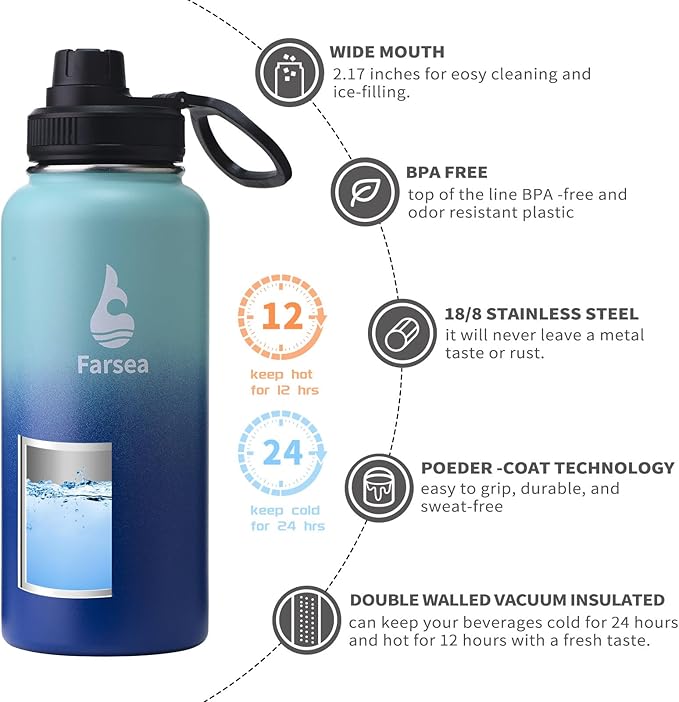 Farsea Insulated Water Bottle With Paracord Handle, Protective Boot and 2 Lids (Straw Lid & Spout Lid), Stainless Steel Water Bottle Wide Mouth, Double Wall Sweat-Proof BPA-Free, 32 oz
