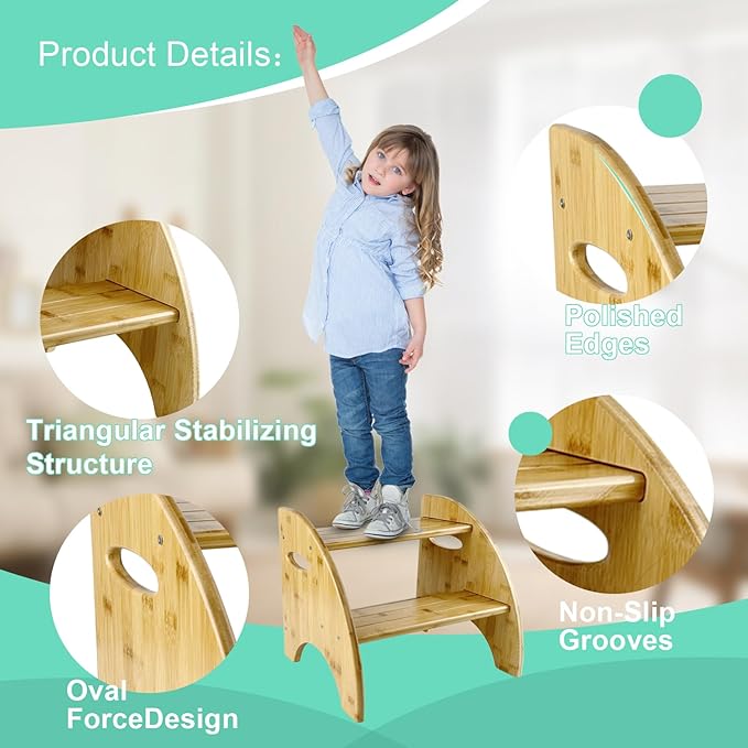 Bamboo Step Stool, 12 Inches Tall, Non-Slip Steps & Handrails, Sturdy Sustainable Bamboo, for Bathroom, Kitchen, Bedroom