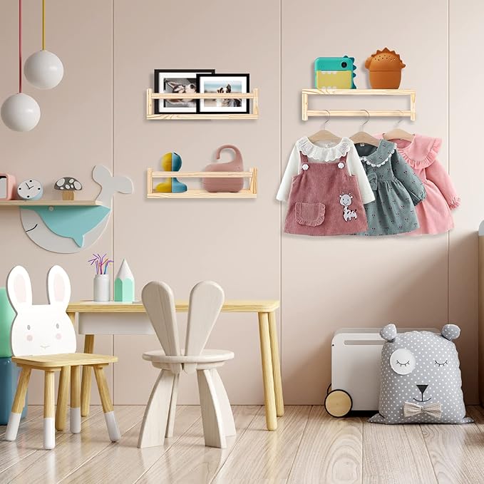 Nursery Floating Shelves for Kids Room, Set of 3 Wall Book Shelves for Kitchen Living Room, Book Shelf Wall Mounted for Baby Kids Bedoom Bathroom (nature, 16inch set 3)