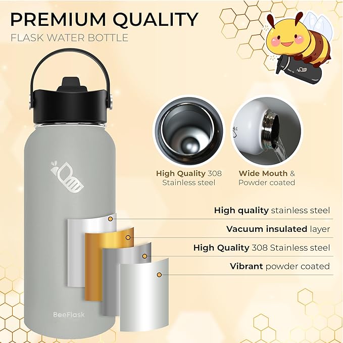 Sports Water Bottle - 32 Oz, 3 Lids (With straw), 50 Cute Stickers, Vacuum Insulated, 308 Stainless Steel, with a Portion of Sales Supporting Bee Conservation Efforts (Cool Gray)
