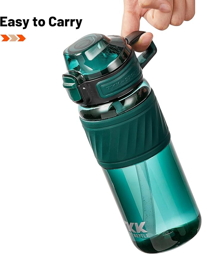 TKK 20oz Sports Water Bottles with Removable Straw Durable BPA Free Tritan Bottles Leak-Proof Water Bottles for School, Fitness, Gym, Outdoor, Green