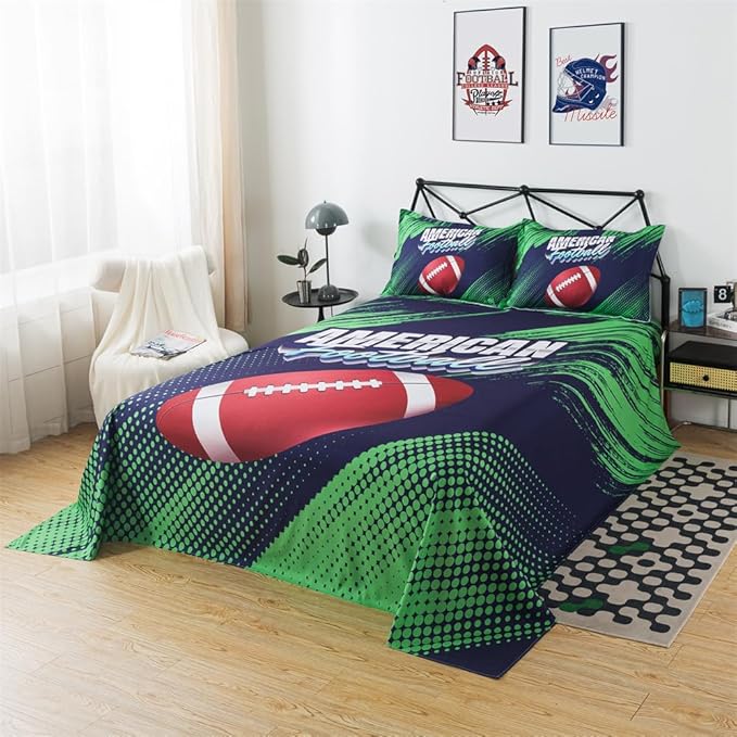 qjmiaofang Kids American Football Sheet Set Full Size for Boys Football Sheets Sports Sheets 4Pieces Sport Play Football Bedding Set Rugby Bed Sheets 1 Flat Sheet 1 Fitted Sheet 2 Pillowcases