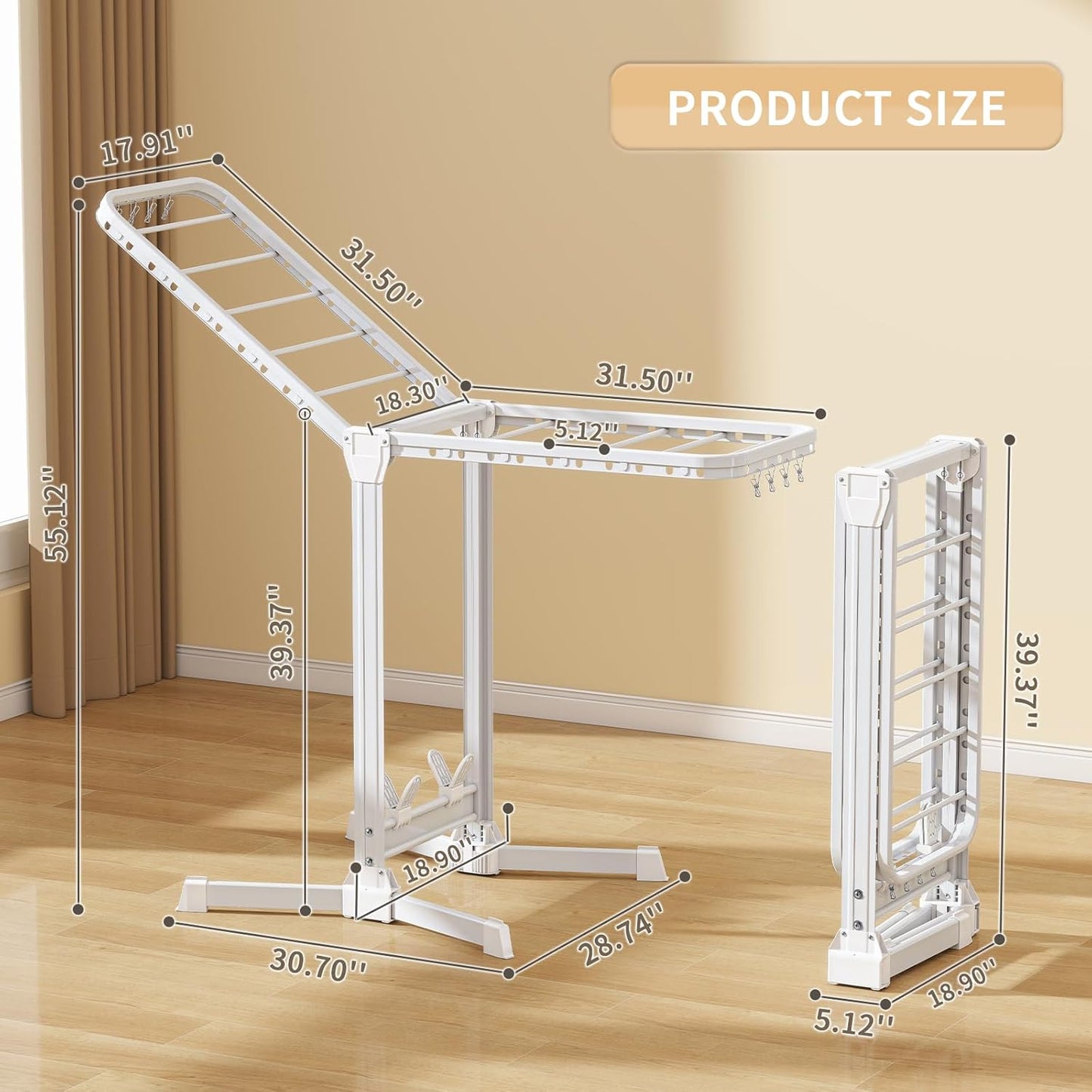 Heavy Duty Clothes Drying Rack Foldable, Aluminum Large Drying Rack Clothing with 2 Height-Adjustable Drying Wings, Laundry Racks for Drying Clothes,Easy to Fold,Indoor Outdoor Use