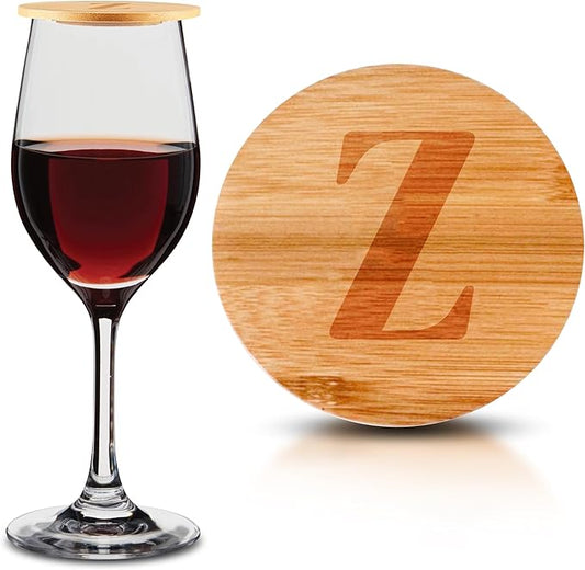 Personalized Wine Glass Charcuterie Topper - Custom Laser Engraved Initial Bamboo Wine Glass Topper Stopper Coasters Plate ID Identification Wine Glass Charcuterie Board Topper (Letter Z)