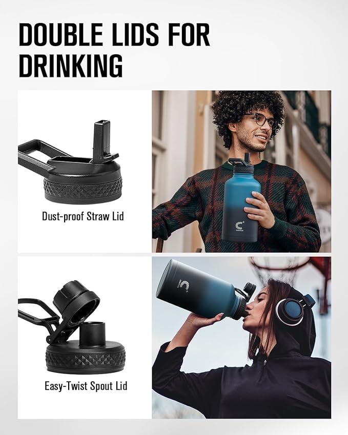 Coolplus 64 oz Water Bottle Insulated, Half Gallon Insulated Water Jug With Straw Stainless Steel Double-Walled Vacuum Metal Large Flask Bpa-Free Leakproof, Keep Cold 48 Hrs Hot 24hrs, Blue Black