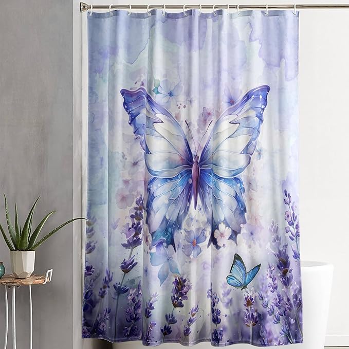AILONEN Beautiful Butterfly Shower Curtain,Purple Butterfly Bath Curtain for Bathroom for Girls,Lavender Flower Shower Curtain,Watercolor Tie Dye Shower Curtain Set with Hooks,72" W*96" H