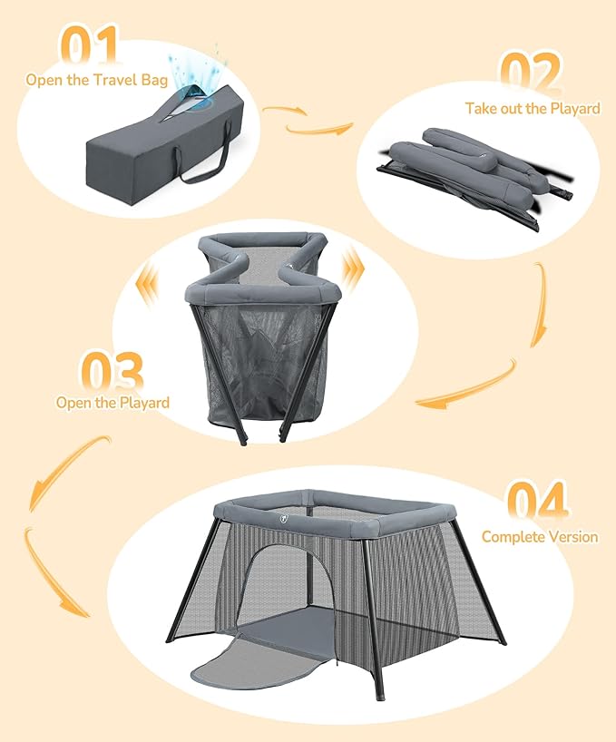 ELEMARA Baby Travel Crib Easy-Set Up,Portable Crib with Comfortable Mattress and Lightweight-Foldable Crib with Long-Lasting Playard, Indoor & Outdoor Playpen, Pack and Play for Toddler（Dark Gray