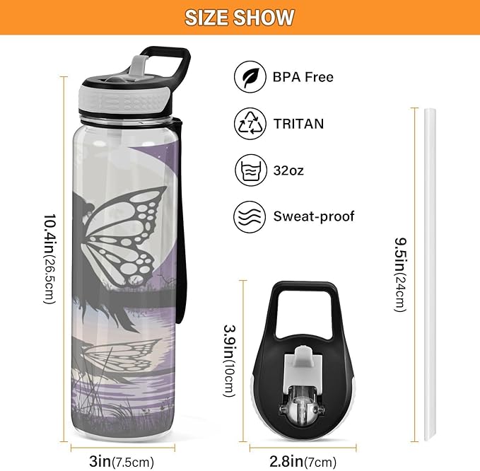 Kigai Beautiful Fairy Clear Water Bottle with Straw Lid, BPA-Free Leakproof Sport Water Bottle 32oz Large Gym Water Jug for Men Women Travel Fitness Outdoor