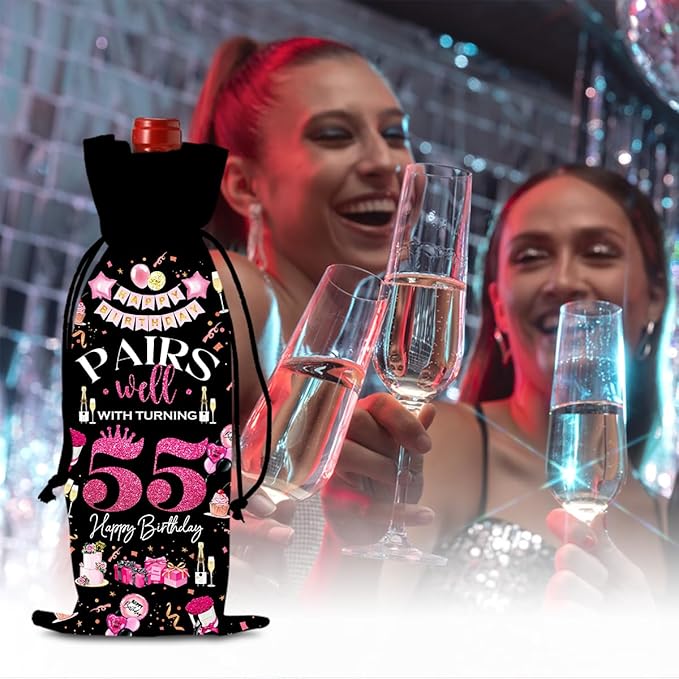 55th Birthday Gifts for Women Men Wine Bag, 55 Year Old Birthday Wine Bags for Women Men, 55th Birthday Party Decorations for Women Men, Pairs Well with Turning 55 Wine Bags (Black Pink)