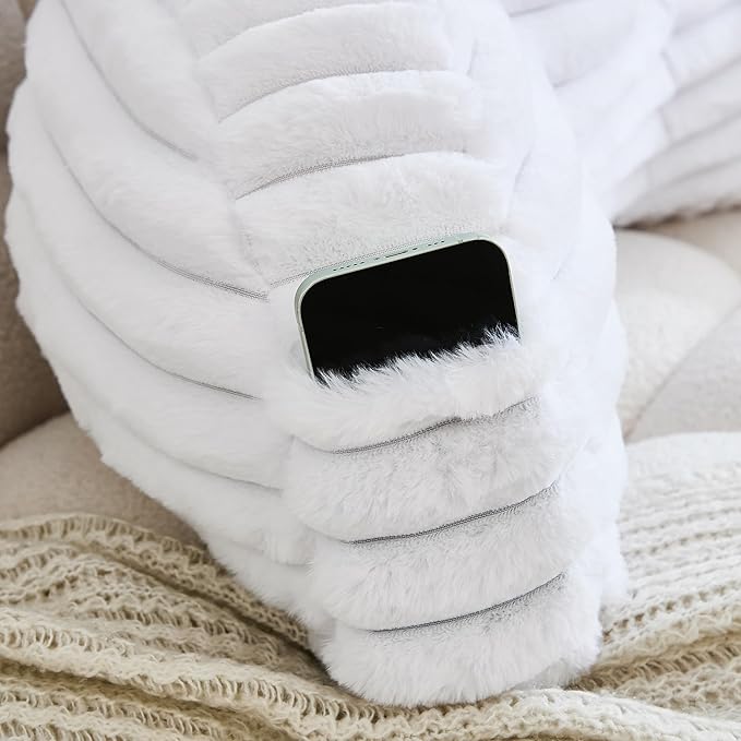 WERDIM Reading Pillow for Sitting in Bed, Faux Fur Back Pillow for Bed Rest, Bed Chair Pillow with Arms and Pockets(Large, White)
