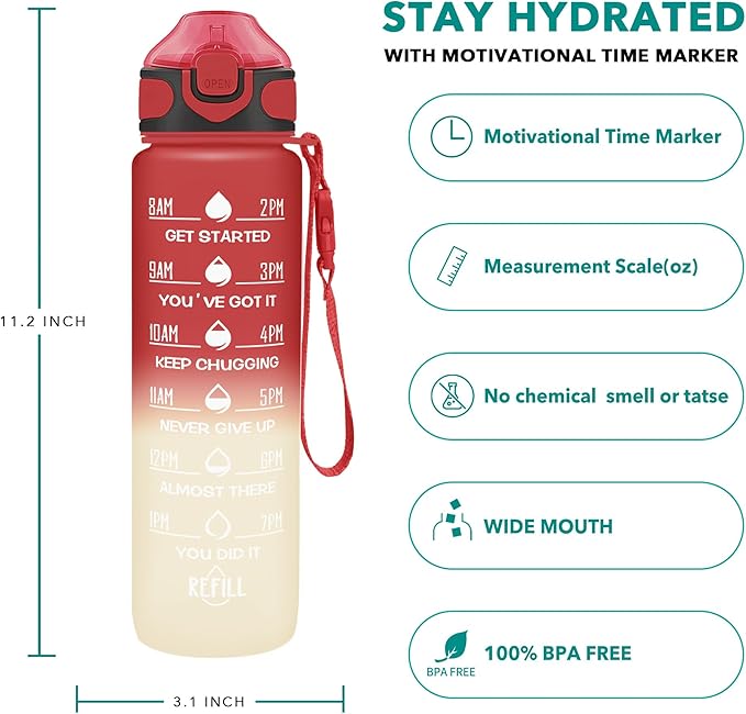Enerbone 32 oz Drinking Water Bottle with Times to Drink and Straw, Motivational with Carrying Strap, Leakproof BPA & Toxic Free, Ensure You Drink Enough Water for Fitness Gym Outdoor