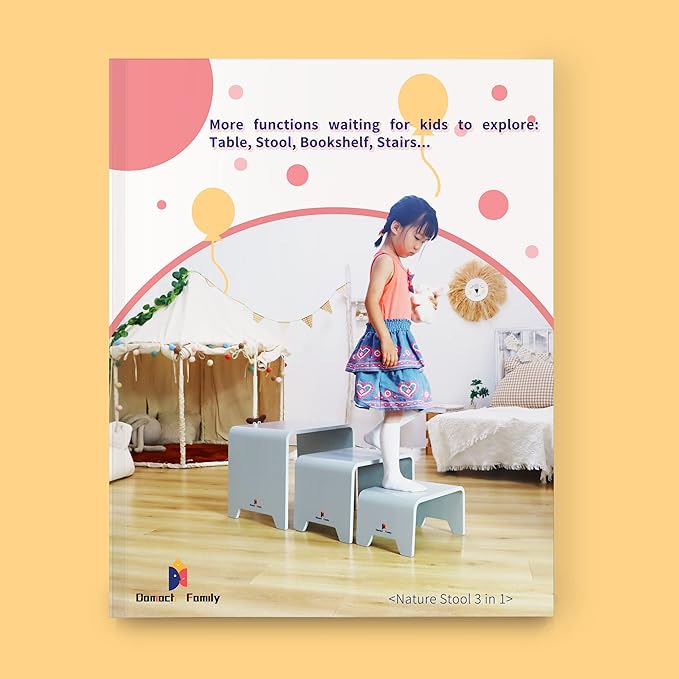 Damoch Family™ Children Chairs & Table Set for Kids,Functioning as Step Stool for Kitchen, Bathroom and Potty,Easy to Store,Patented Minimalist Design (Grey)