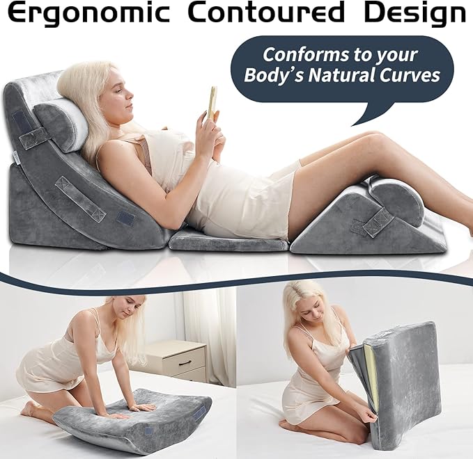 Qirroboni 6PCS Orthopedic Bed Wedge Pillow Set, Adjustable Pillows for Neck, Back and Leg Pain Relief Comfortable & Post Surgery Foam - Heartburn, Anti Snoring, Acid Reflux & GERD Sleeping Grey