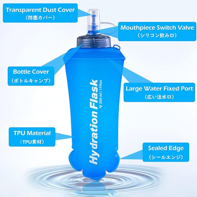 TRIWONDER TPU Soft Folding Water Bottles BPA-Free Collapsible Flask for Hydration Pack - Ideal for Running Hiking Cycling Climbing (500ml/16.9oz - Blue - Pack of 2)