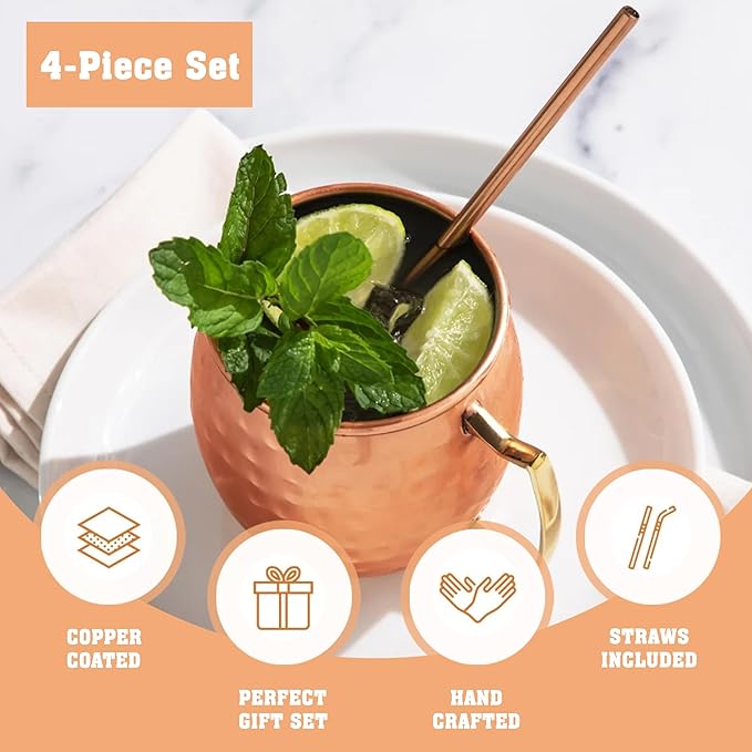 Moscow Mule Copper Mugs - Set of 4 Mug with Shot Glass 100% Handcrafted 16 oz Set with Premium Quality Cocktail Copper Straws and Jigger! - Pure Solid Mugs 4 Perfect Cocktail Mug
