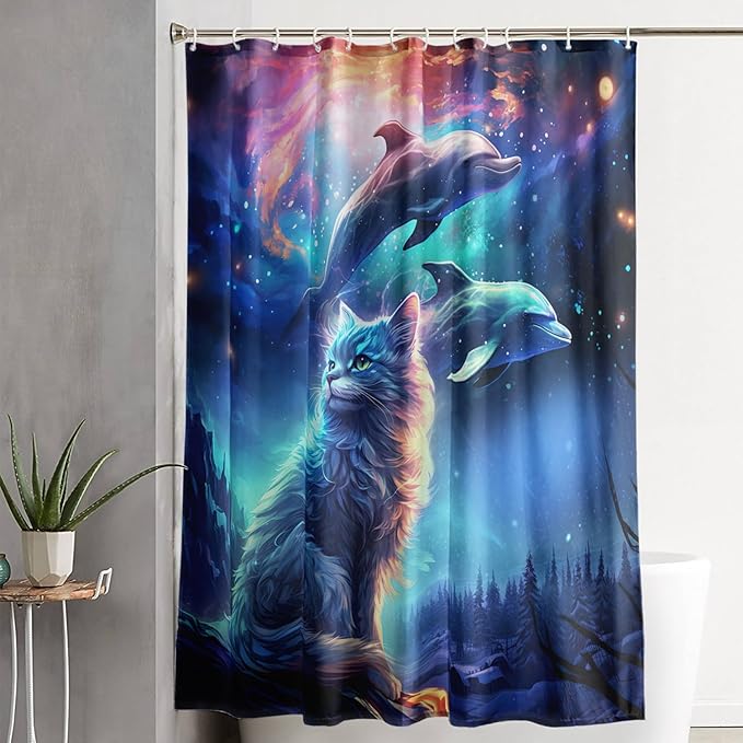 AILONEN 3D Kawaii Cat Shower Curtain Set,Cat Lovers Animal Waterproof Fabric Bath Curtain for Kids Girls,Jumping Dolphin Shower Curtain,Starry Night Shower Curtains for Bathroom Decor, 72" W*78" H