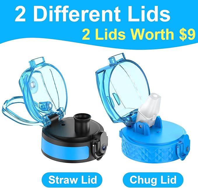 OLDLEY Kids Water Bottle for School with Straw Chug Lid, 15 oz Unbreakable Leak-Proof BPA-Free Motivational Water Bottles with Time Marker for Travel Sports Gym, 2 Lids, Blue