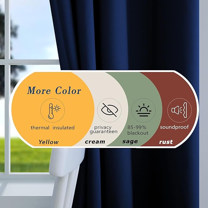 Mrs.Naturall Navy Blue Blackout Curtains 96 Inches Long,Room Darkening Black Out Grommet Midnight Dark Blue Curtains for Bedroom Living Room 96 Inch Length 2 Panels Set