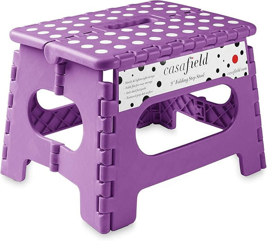 Casafield 9" Folding Step Stool with Handle, Purple - Portable Collapsible Small Plastic Foot Stool for Kids and Adults - Use in The Kitchen, Bathroom and Bedroom