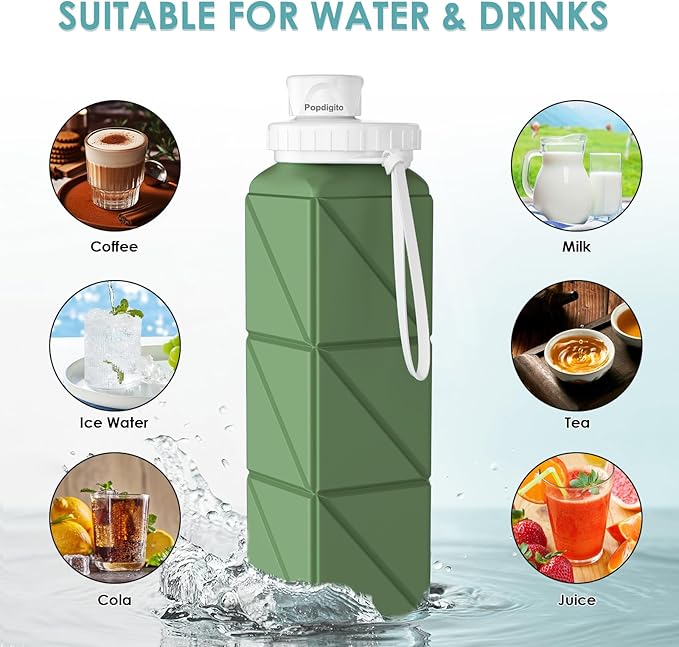 Collapsible Water Bottles 20.7oz Leakproof with Straw Lid Food-Grade BPA-Free Silicone Travel Foldable Water Bottles for Sports Office Gym Hiking Driving 610ML (Type1 Army Green)