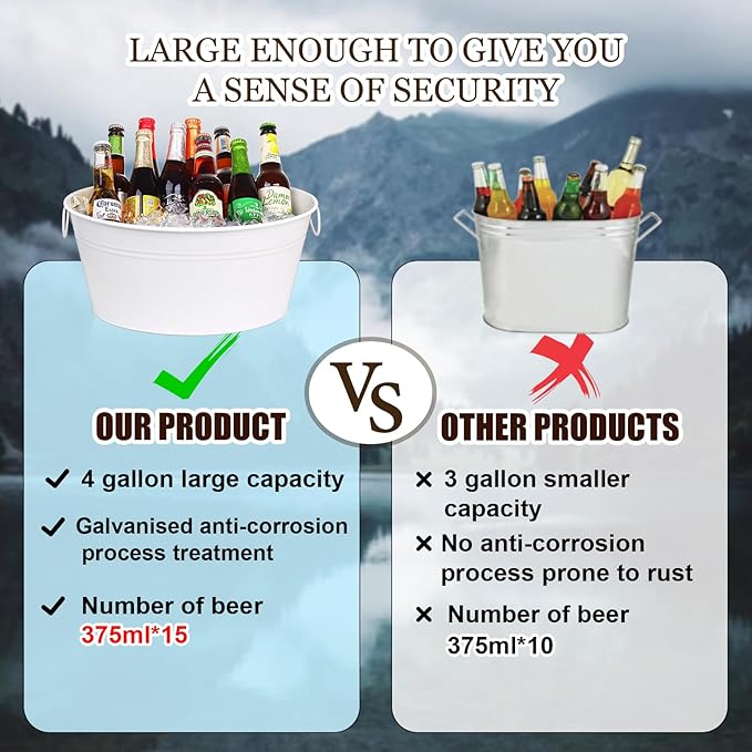 Ice Bucket, Oval Beverage Tub, Galvanized Bucket and drink Cooler for Parties, Ice Tub with Handles for Beer Sparkling Whisky Wine Cocktails (3.5gal) (White*2)