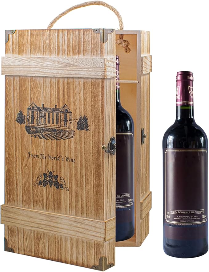 JINGHANGER Double Bottle Wooden Decorative Wine Box,Wine Gift Box Bottle Box Wine Storage Box with Handle Rope for Gifts DIY Crafts Birthday Party Wedding,for Standard 750ml Wine Storage,13.78 x 4 in