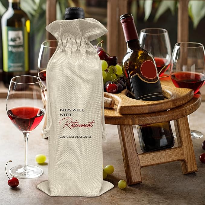 Retirement Wine Bag, Goodbye Gift for Coworkers, Retired Gift for Women Men, Going Away Gifts for Coworker Friends, Pairs Well with Retirement Wine Bag Happy Retirement Burlap Drawstring Wine Bag