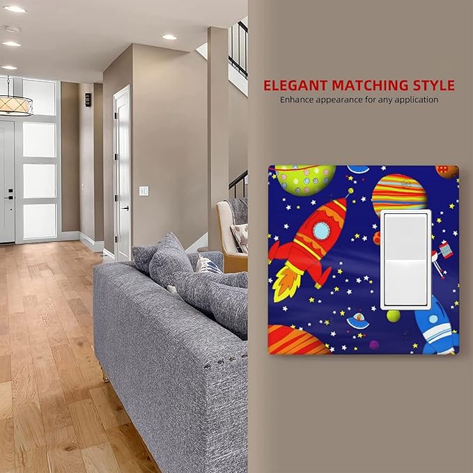Space Astronaut Combo Single Blank 1 Rocker Light Switch Wall Plate Cover Decorative 2-Gang for Electrical Boys Kids Room Bathroom Bedroom Home Kitchen One Decora Receptacle 4.5" x 4.6"