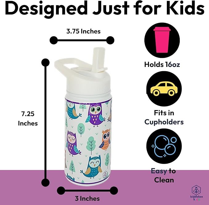 Biddlebee Kids Water Bottle with Straw Lid | 14oz Insulated Stainless Steel Reusable Bottles for School | Leak Proof Cap with Handle & Touch Free Spout | Great for Boys & Girls (Owls)
