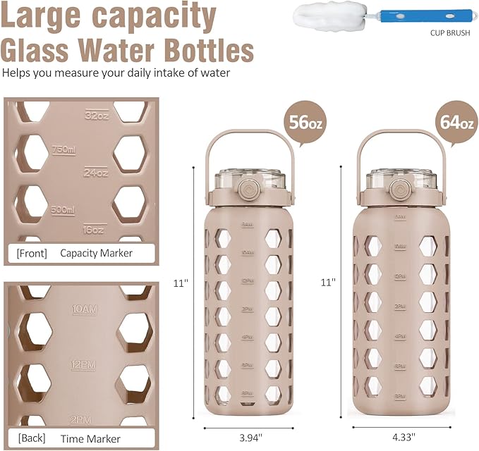 MUKOKO 56oz Glass Water Bottles with Straw and Lid,Motivational Water Jug with Time Marker Reminder and Silicone Sleeve,100% Leakproof BPA Free Fitness Sports Large Bottle-Amber