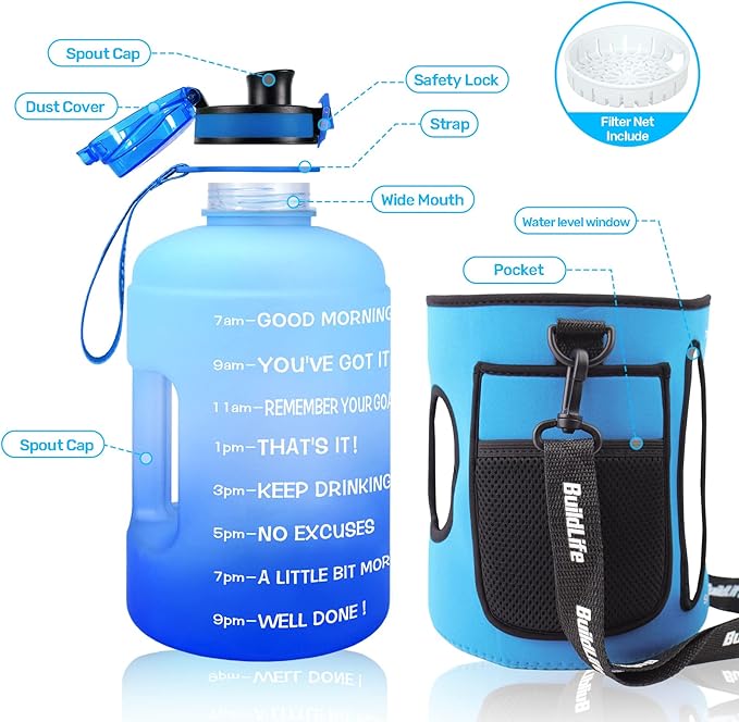 QuiFit 1 Gallon Water Bottle - 128 oz Water Bottle with Times to drink - BPA Free Motivational Water Bottle with Infuser - Large Water Bottle - Sports Water Bottle 1 Gallon in Gym