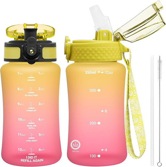 OLDLEY Kids Water Bottle for School, 12 oz (2 lids) BPA-Free Reusable Leak-proof Durable Tritan Plastic Water Bottles with Straw & Chug Lids, Anti-dust Spout Cover (Nectarine)