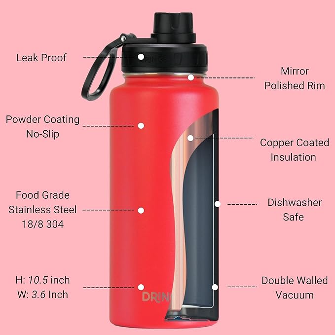 DRINCO Stainless Steel Water Bottle Spout Lid Vacuum Insulated Double Wall Water Bottle Wide Mouth (40oz 32oz 22oz 18oz 14oz) Leak Proof Keeps Cold or Hot (32 oz, 32oz Barn Red)